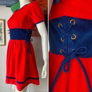1960s LACE UP SIDES DRESS Color Block Velour Mod Mini Go Go Vintage Red Navy S/M
